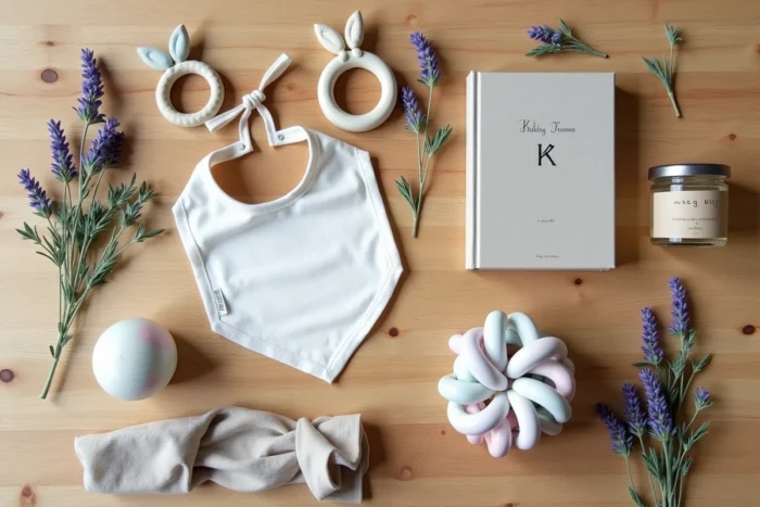 Flat-lay d'accessoires artisanaux et cadeaux uniques pour bébé sur fond de bois clair