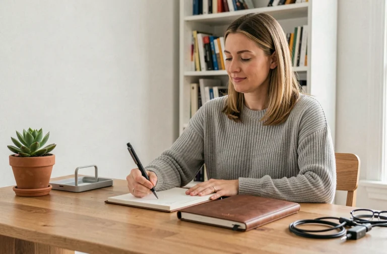 Femme utilisant des accessoires de bureau ergonomiques pour améliorer son confort au quotidien