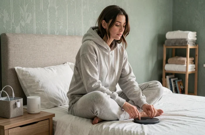 Femme s'entourant d'accessoires de confort pour améliorer son bien-être dans sa chambre