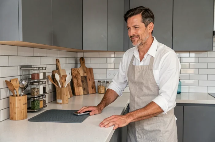 Homme organisant sa cuisine avec des accessoires pratiques pour simplifier le quotidien