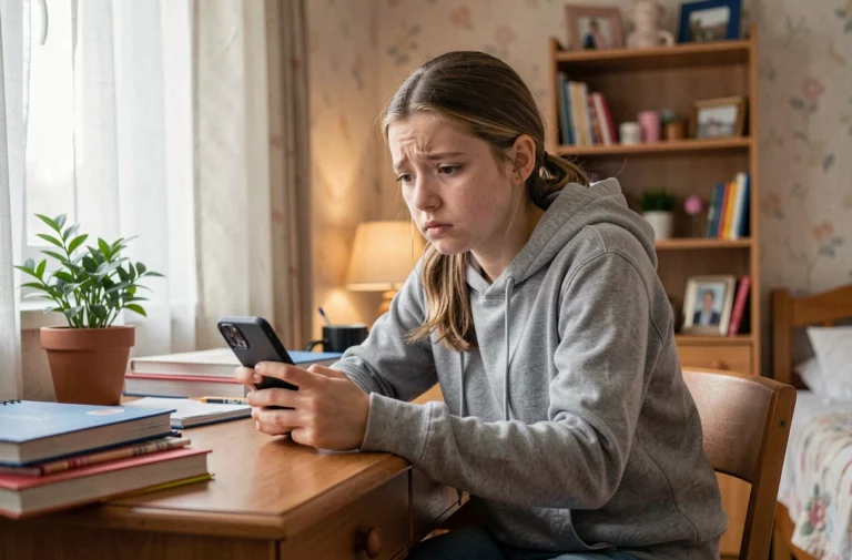 Adolescente inquiète regardant son smartphone avec une expression préoccupée, illustrant les risques d'internet pour les mineurs