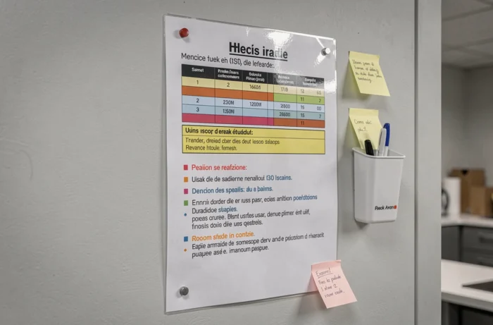 Panneau d'affichage des horaires de pause et des règles d'utilisation de la salle de pause, monté sur un mur visible à hauteur des yeux
