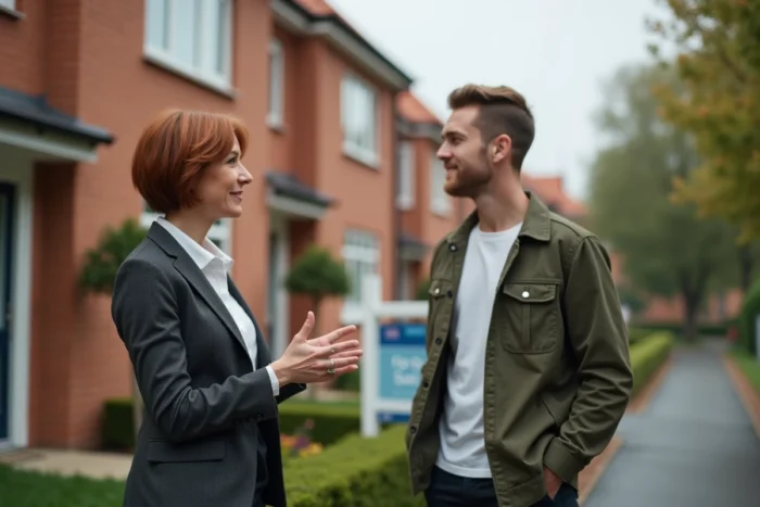 Agent immobilier présentant une maison individuelle à un client dans un quartier résidentiel pavillonnaire