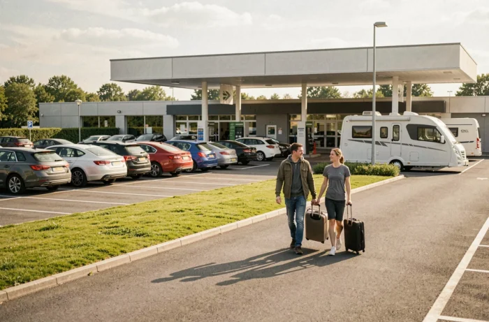 Aire de repos sur une autoroute en France avec parking, station-service et voyageurs se reposant