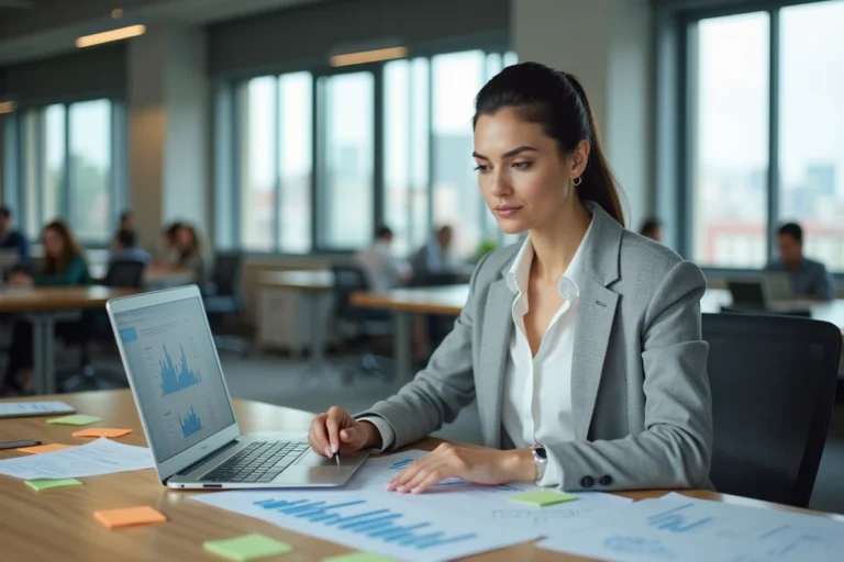 Une professionnelle analyse des données de référencement naturel sur son bureau avec des graphiques et un laptop affichant un tableau de bord SEO