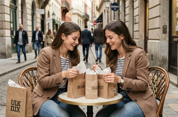 Deux amies attablées en terrasse entourées de sacs shopping mode, découvrant leurs achats de saison ensemble en ville
