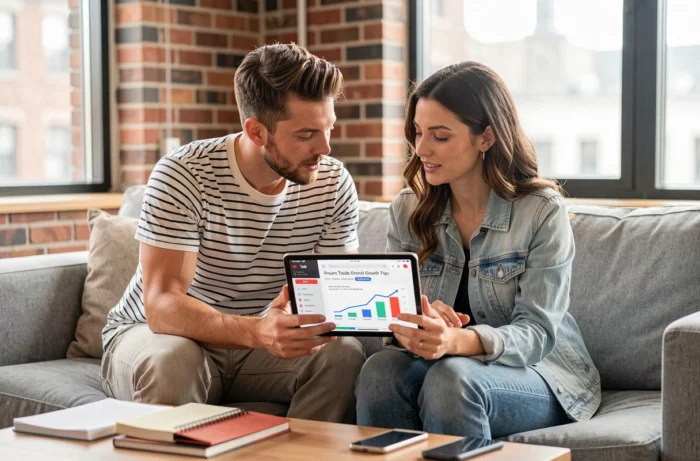 Deux amis assis sur un canapé consultant des conseils pour augmenter les abonnés YouTube sur une tablette dans un appartement moderne