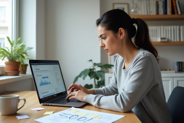 Femme analysant des mots-clés longue traîne SEO sur un ordinateur portable dans un bureau à domicile minimaliste
