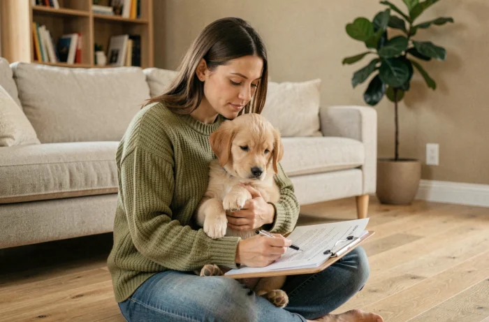 Femme tenant un chiot golden retriever et consultant des documents d'assurance animaux dans un appartement moderne