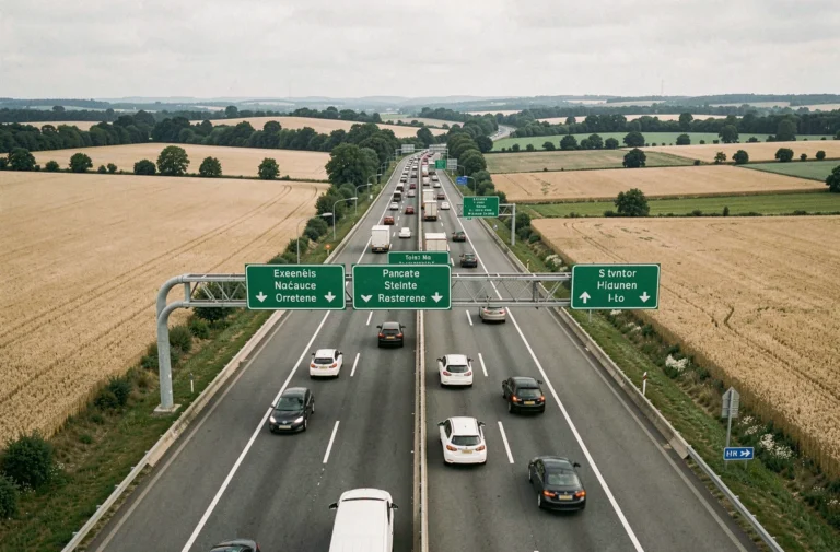 Vue d'un viaduc sur une autoroute française avec plusieurs voies de circulation et panneaux de signalisation verts