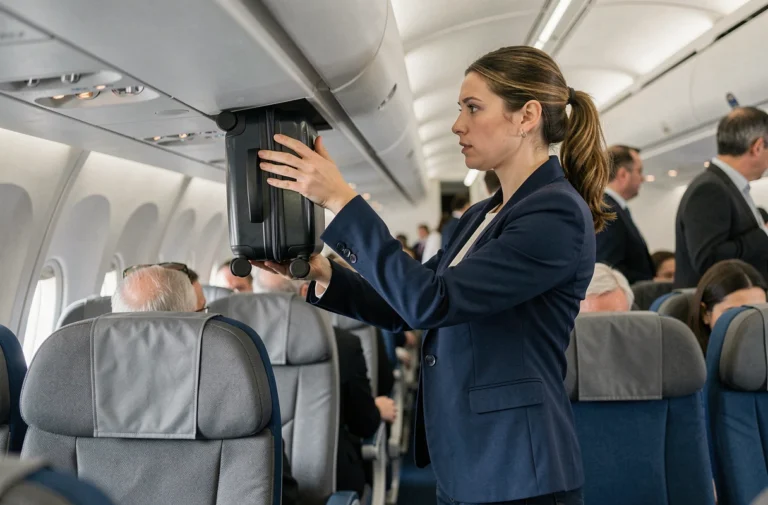 Passagère plaçant son bagage cabine dans le compartiment supérieur d'un avion Transavia