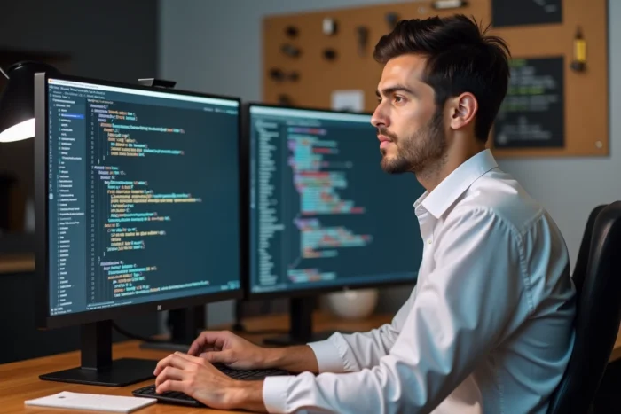 Un développeur implémente le balisage Schema.org en JSON-LD dans un éditeur de code avec une fiche de référence Schema imprimée sur un tableau de liège