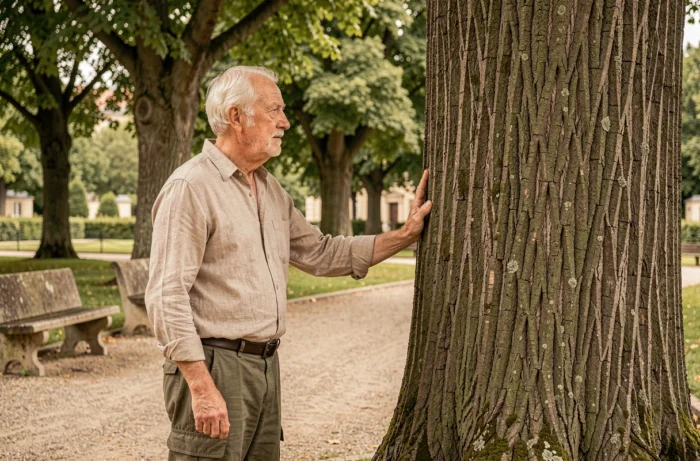 Botaniste âgé observant l'écorce d'un catalpa dans un parc historique, illustrant la fascination humaine pour cet arbre chargé de symbolique