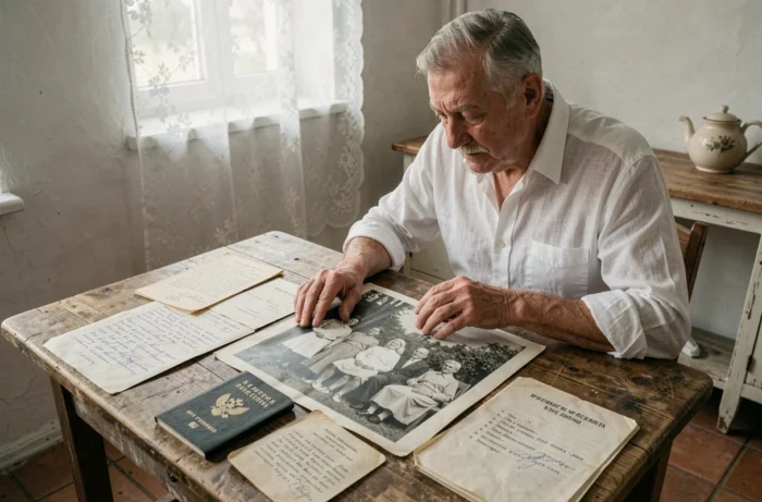 Homme examinant d'anciens documents familiaux russes et des lettres en cyrillique sur une table en bois, représentant la recherche des origines et de l'histoire personnelle de Vladimir Boudnikoff