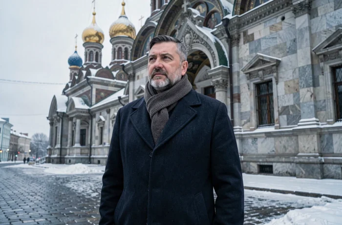 Homme aux traits slaves en manteau d'hiver devant une église orthodoxe russe aux coupoles dorées, illustrant les racines russes et le patrimoine historique de Vladimir Boudnikoff