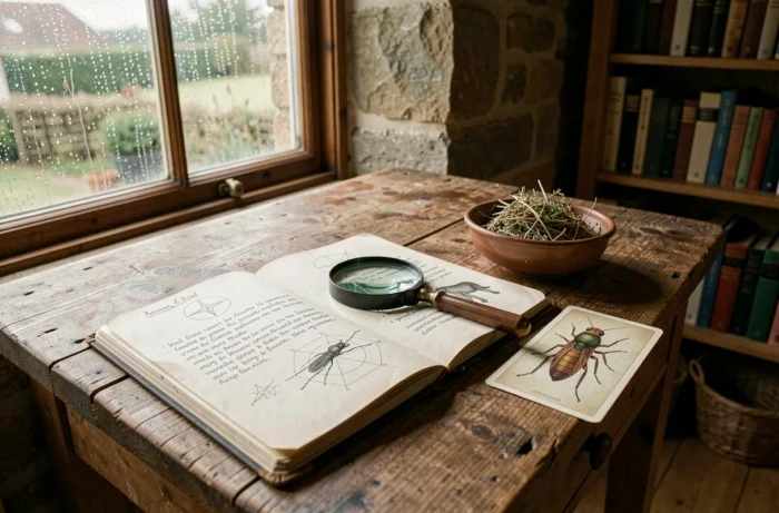 Bureau rustique avec journal de symboles spirituels, loupe et carte entomologique illustrant une puce dans un cottage chaleureux