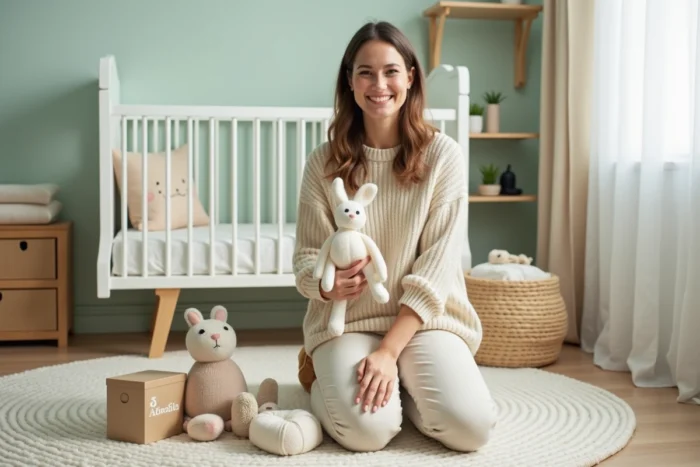 Jeune mère entourée de cadeaux originaux pour bébé dans une chambre d'enfant décorée en style scandinave