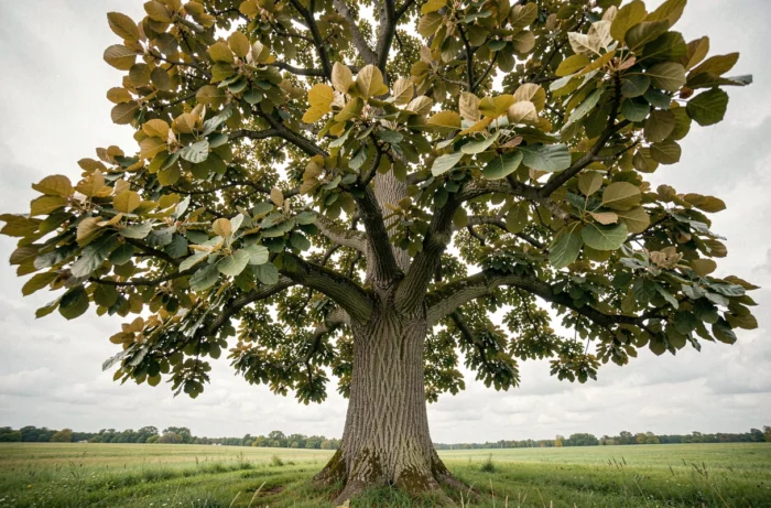 Catalpa majestueux aux larges feuilles en forme de cœur dans une prairie verdoyante, symbole de grandeur et de nature sauvage