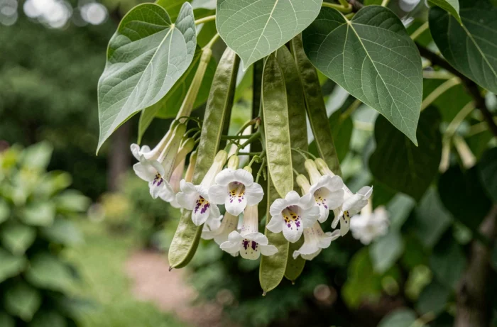 Gros plan sur les fleurs blanches, gousses et feuilles caractéristiques du catalpa, détails botaniques symboliques de cet arbre remarquable
