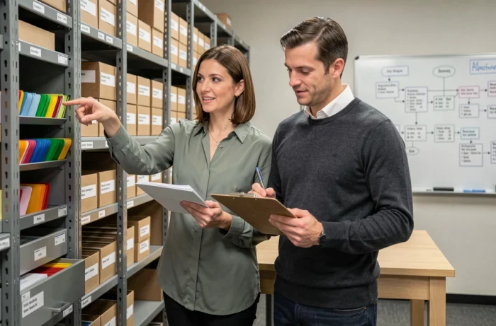 Deux collègues collaborant sur le classement et le suivi de dossiers administratifs dans une salle d'archives d'entreprise