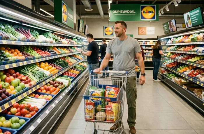 Client faisant ses courses au rayon fruits et légumes d'un supermarché Lidl