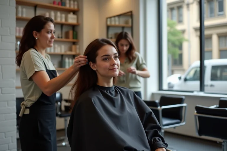 Femme se faisant coiffer dans un salon de coiffure moderne et abordable à Lyon