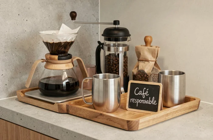 Coin café de salle de pause avec cafetière à piston, moulin à main et tasses réutilisables comme alternatives aux capsules jetables