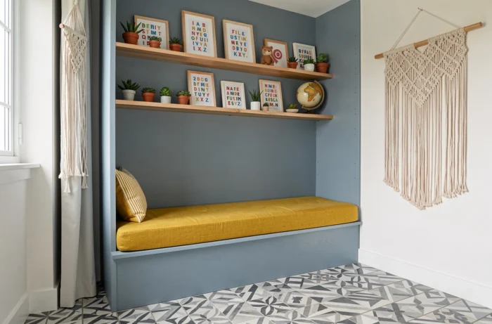 Coin lecture original dans une chambre d'enfant avec alcôve en bois bleu, coussin moutarde et étagères décorées de plantes et d'imprimés alphabet