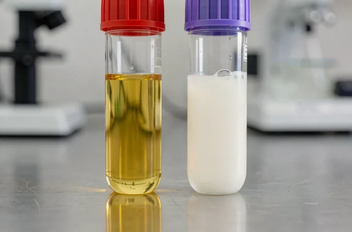 Comparaison d'un sérum normal et d'un sérum opalescent lipémique dans des tubes de prélèvement sanguin