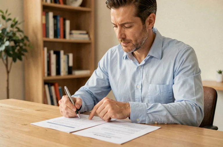 Homme consultant ses documents de contrat d'assurance auto Macif à son bureau à domicile