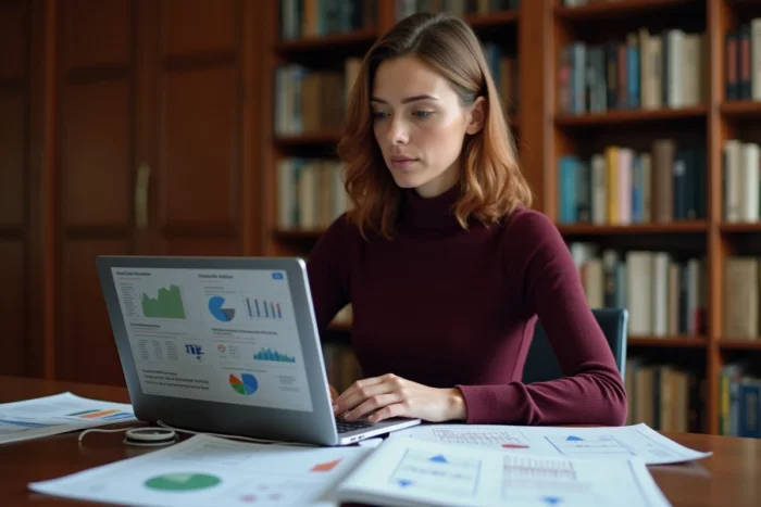 Une chercheuse en marketing consulte des données propriétaires et des graphiques originaux sur laptop et rapports imprimés pour produire du contenu SEO