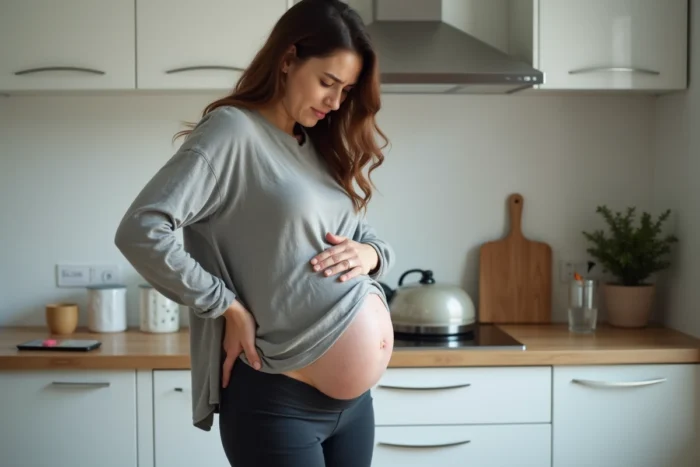 Femme enceinte à 37 semaines debout dans sa cuisine, ressentant des contractions, avec une application de minutage sur son téléphone