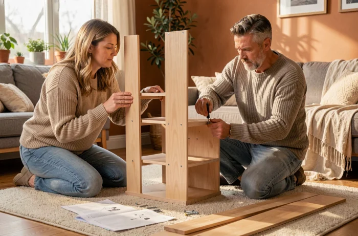 Couple assemblant une bibliothèque en bois dans un salon cosy lors d'un week-end de décoration intérieure