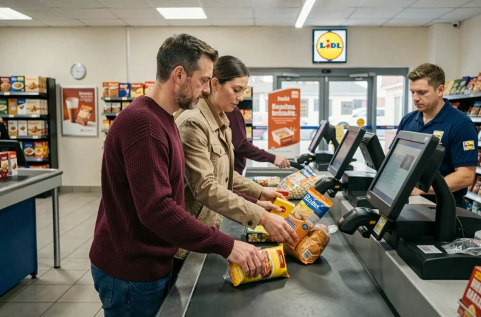 Couple vérifiant le total de leurs courses à la caisse d'un supermarché Lidl