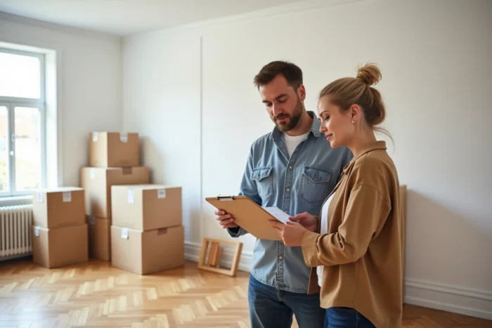 Couple consultant une liste de contrôle de déménagement dans un appartement vide entouré de cartons étiquetés