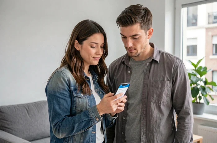 Couple consultant un annuaire des particuliers sur smartphone dans un appartement moderne