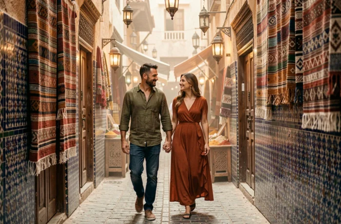 Couple se promenant dans les ruelles colorées d'une médina marocaine entourée d'artisanat traditionnel