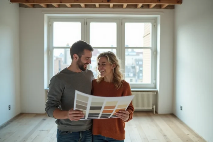 Couple comparant des palettes de couleurs dans un appartement vide en cours de rénovation grâce à un simulateur de décoration