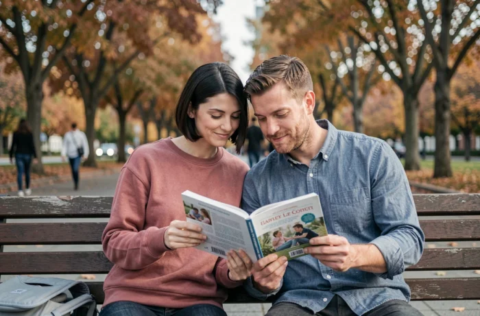 Couple de parents lisant un livre sur la parentalité dans un parc en automne, symbole de préparation et de soutien parental