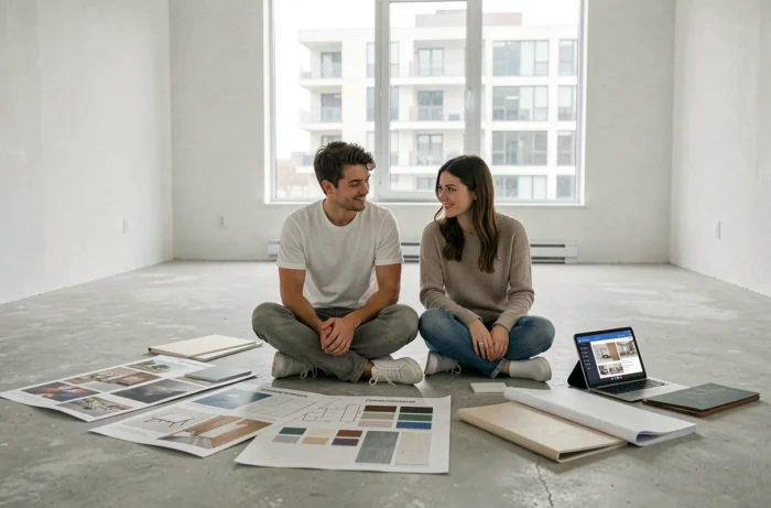 Couple planifiant la décoration de leur nouvel appartement à petit budget avec des échantillons de matériaux et une tablette affichant un service de décoration en ligne
