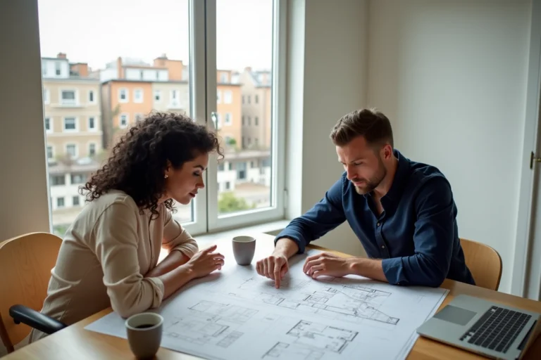 Couple étudiant des plans immobiliers et documents de projet à une table en bois dans un appartement moderne