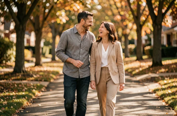 Couple souriant se promenant ensemble dans une allée arborée en week-end, ambiance familiale et détendue
