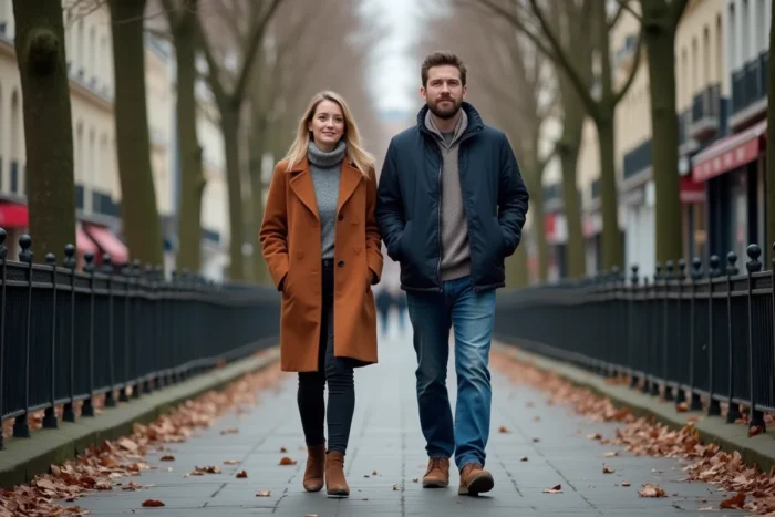Couple se promenant dans une rue parisienne en automne, symbolisant les spéculations autour de la vie amoureuse de Jenifer et Ambroise en 2026