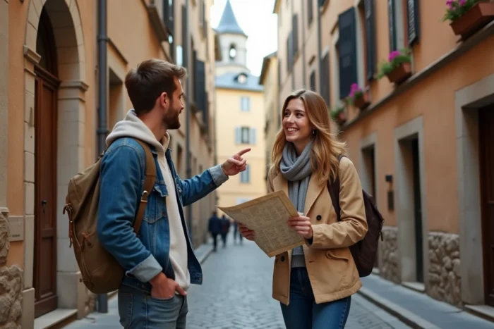 Couple de voyageurs consultant une carte dans une rue pavée d'une vieille ville européenne
