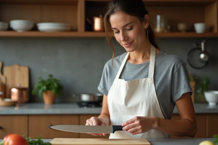 Femme tenant un couteau de chef de qualité dans une cuisine bien équipée avec ustensiles en cuivre et planche à découper en bois