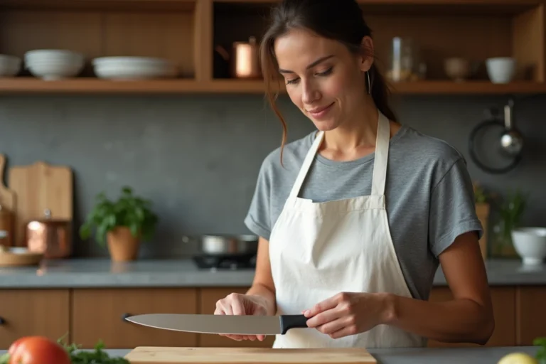 Femme tenant un couteau de chef de qualité dans une cuisine bien équipée avec ustensiles en cuivre et planche à découper en bois