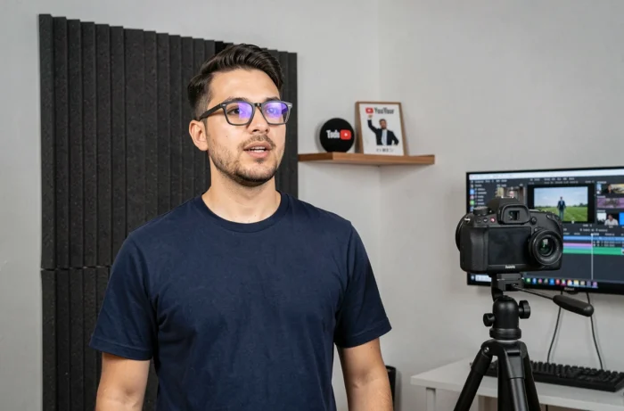 Créateur de contenu masculin filmant une vidéo YouTube dans un studio maison équipé avec panneau acoustique et caméra sur trépied