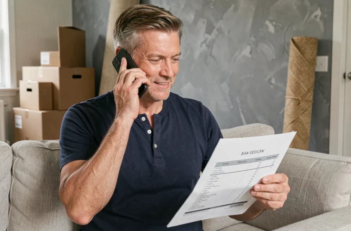 Décorateur d'intérieur contactant un client par téléphone tout en consultant un devis budgétaire dans un salon en cours de rénovation