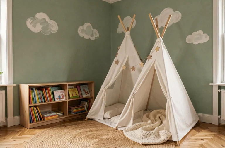 Chambre d'enfant décorée avec un tipi en bois naturel, des guirlandes étoiles et des murs vert sauge ornés de nuages peints à la main