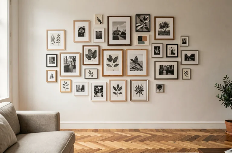 Mur de salon décoré d'un arrangement galerie de cadres variés avec photos et illustrations botaniques dans un appartement moderne